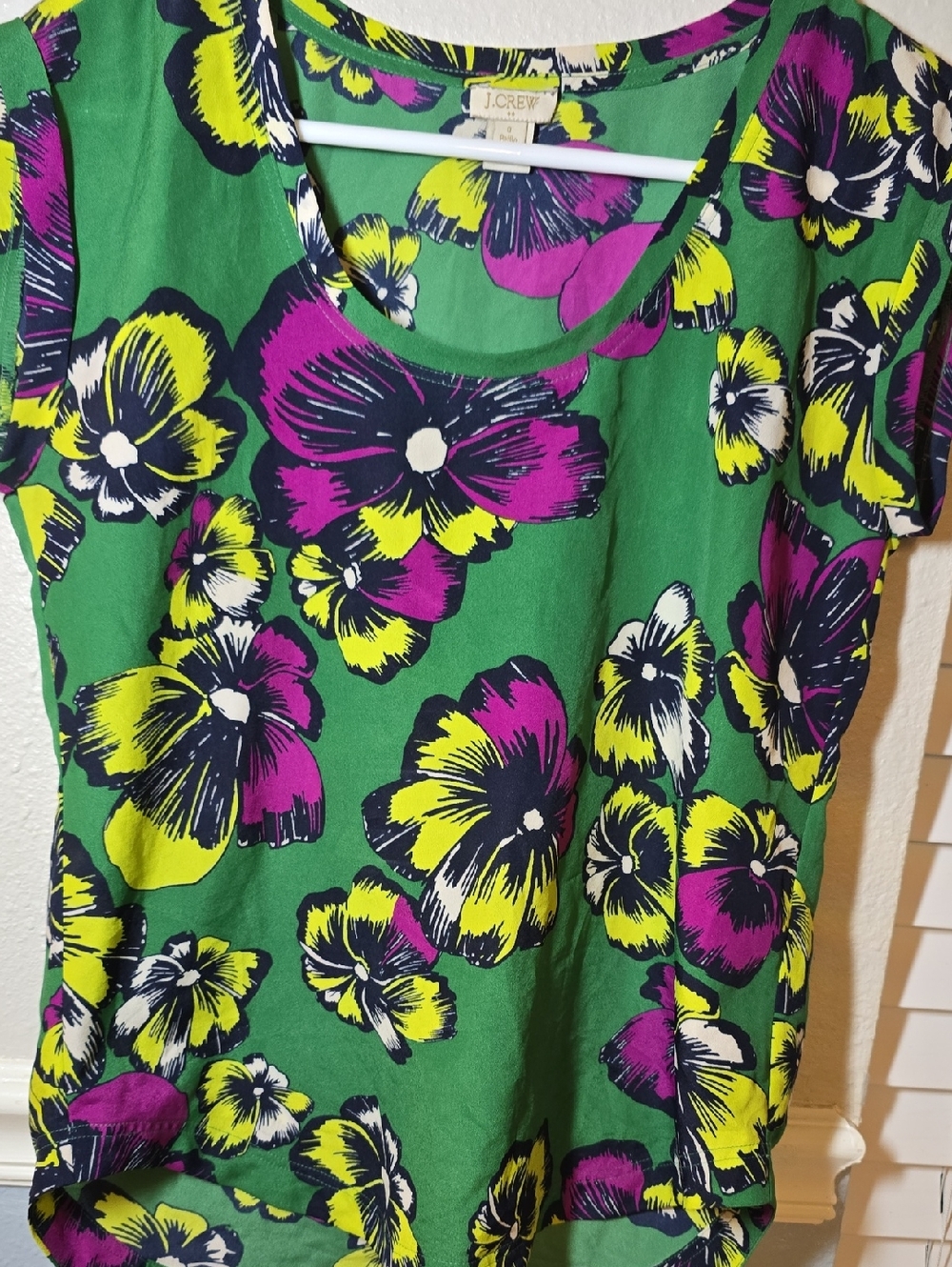 J. Crew Green Short Sleeve Scoop Neck Top with Purple & Yellow Floral Print